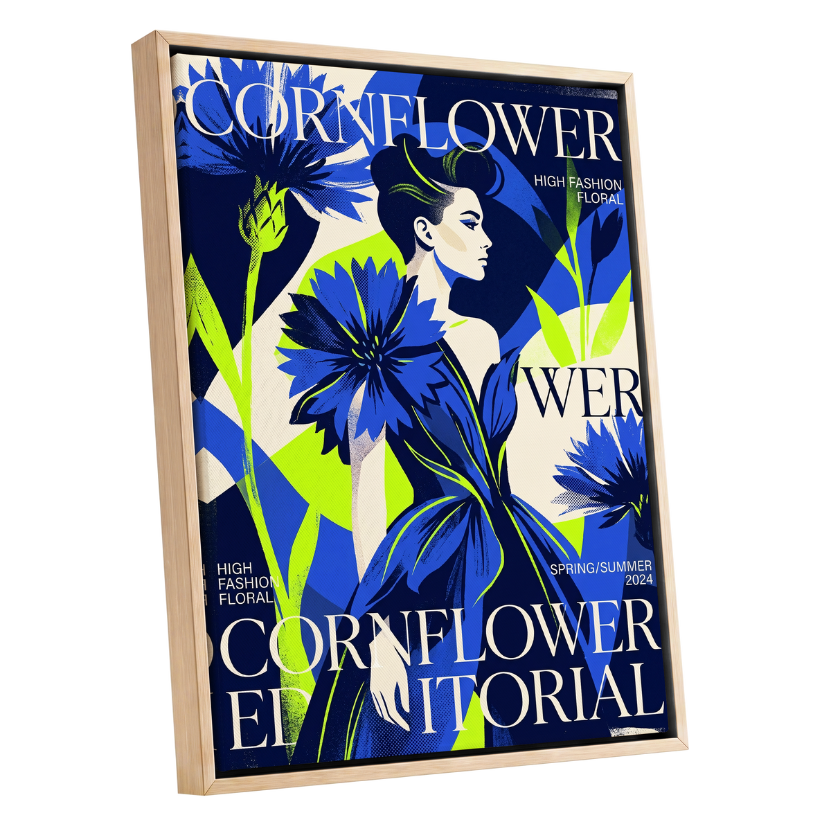 Electric Cornflower, blue, green, beige floral wall art shown as a oak framed canvas wall art
