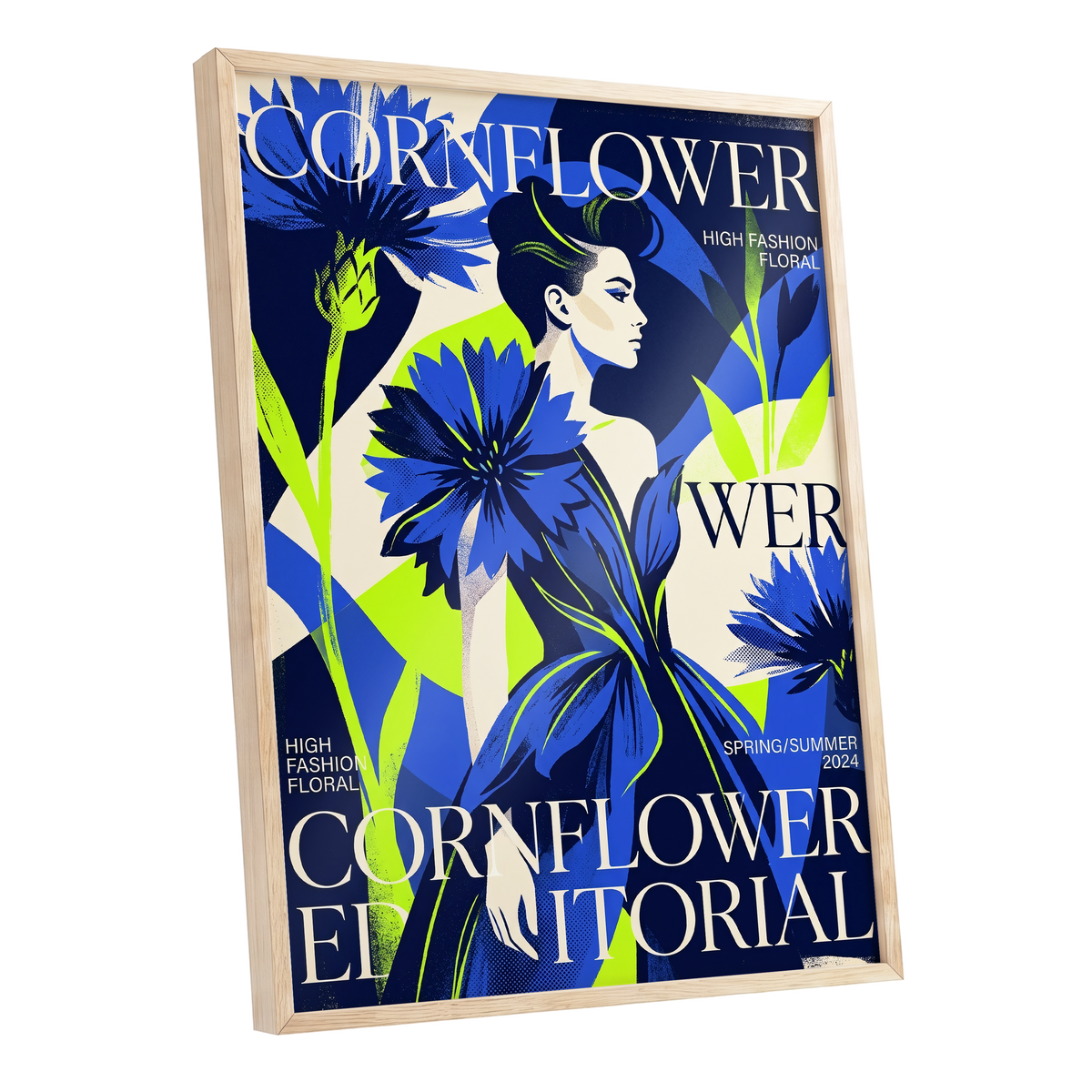 Electric Cornflower, blue, green, beige floral wall art shown as a oak framed poster wall art print