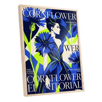 Electric Cornflower, blue, green, beige floral wall art shown as a oak framed poster wall art print