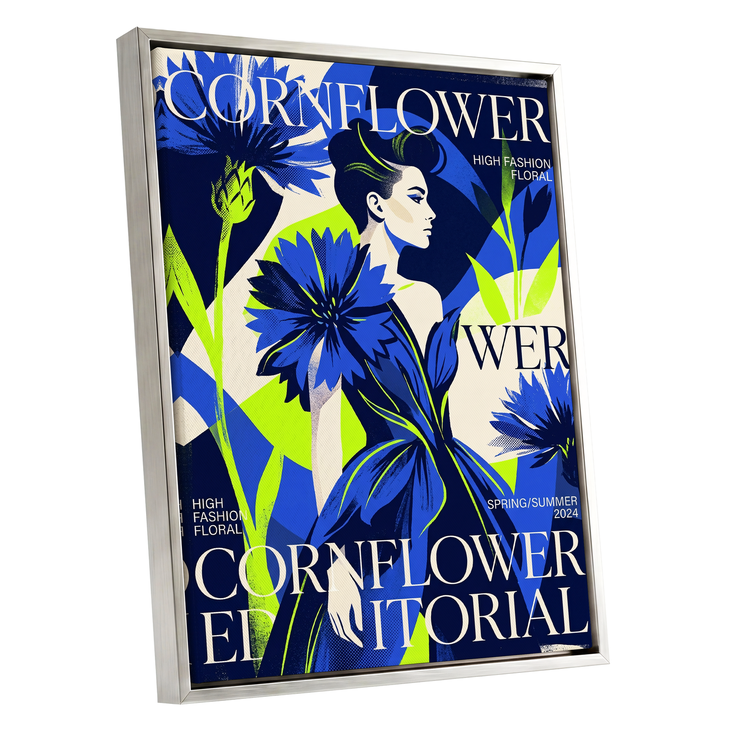 Electric Cornflower, blue, green, beige floral wall art shown as a silver framed canvas wall art