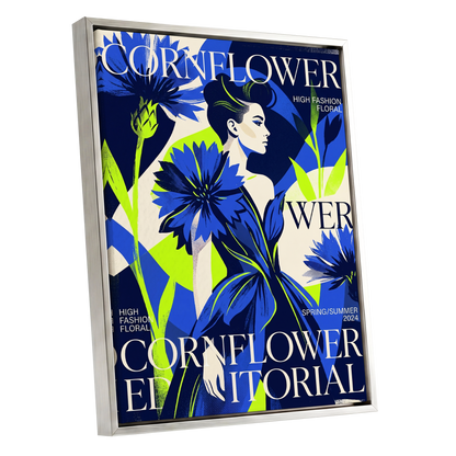 Electric Cornflower, blue, green, beige floral wall art shown as a silver framed canvas wall art