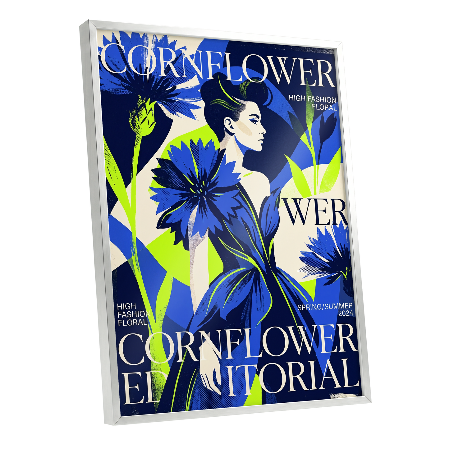 Electric Cornflower, blue, green, beige floral wall art shown as a silver framed poster wall art print