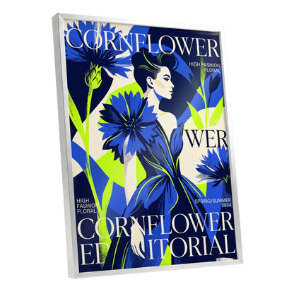 Electric Cornflower, blue, green, beige floral wall art shown as a silver framed poster wall art print
