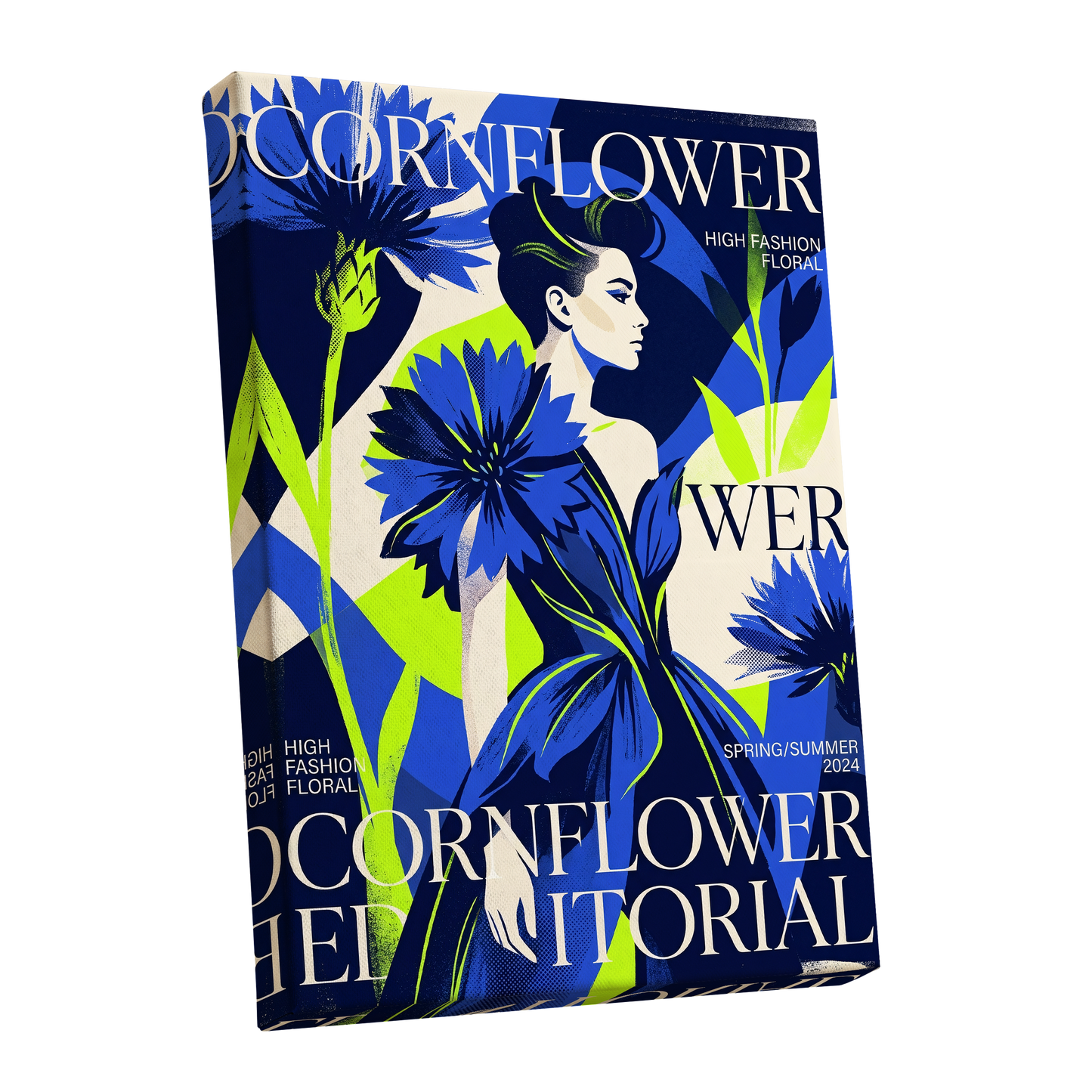 Electric Cornflower, blue, green, beige floral wall art shown as a stretched canvas wall art