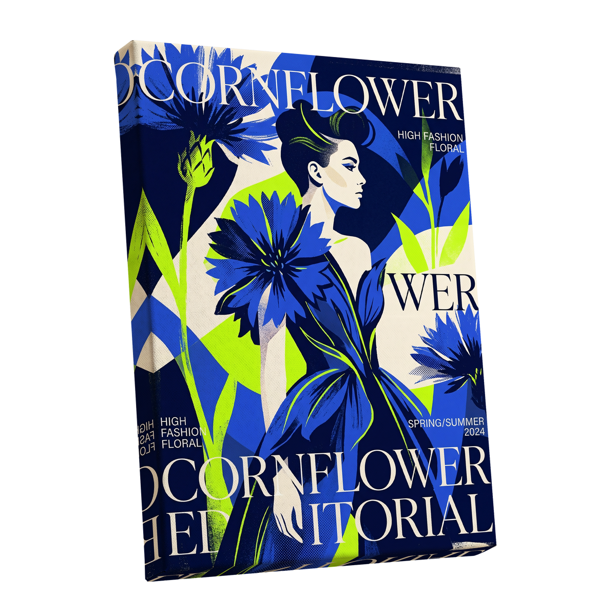 Electric Cornflower, blue, green, beige floral wall art shown as a stretched canvas wall art