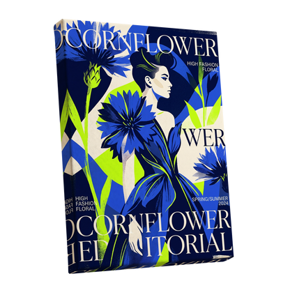 Electric Cornflower, blue, green, beige floral wall art shown as a stretched canvas wall art