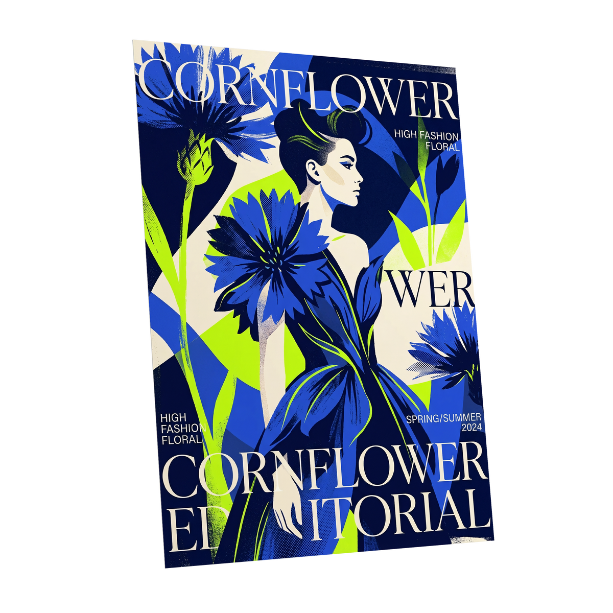 Electric Cornflower, blue, green, beige floral wall art shown as a unframed poster wall art print