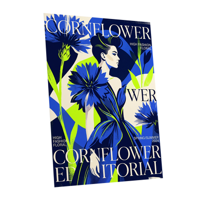 Electric Cornflower, blue, green, beige floral wall art shown as a unframed poster wall art print