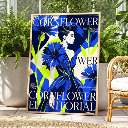 Electric Cornflower, blue, green, beige floral wall art displayed in a styled interior, gallery view 1