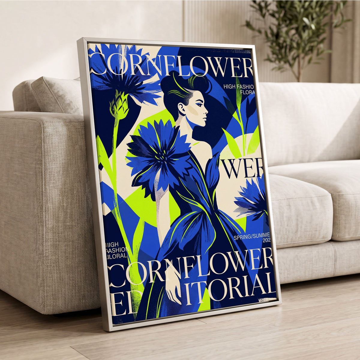 Electric Cornflower, blue, green, beige floral wall art displayed in a styled interior, gallery view 2