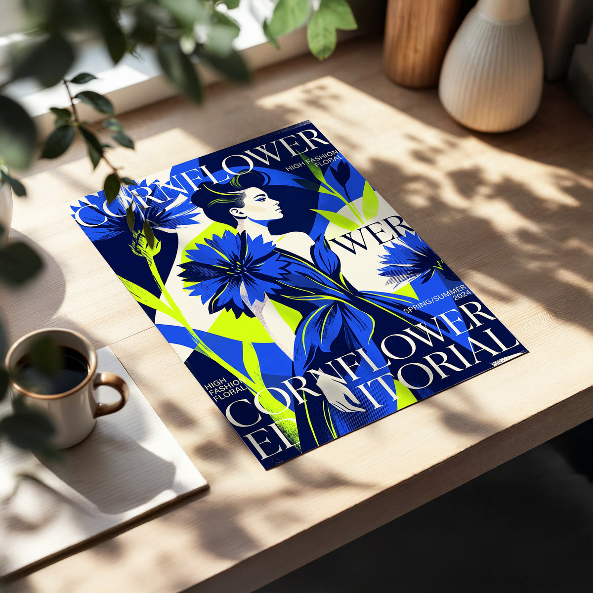 Electric Cornflower, blue, green, beige floral wall art displayed in a styled interior, gallery view 3