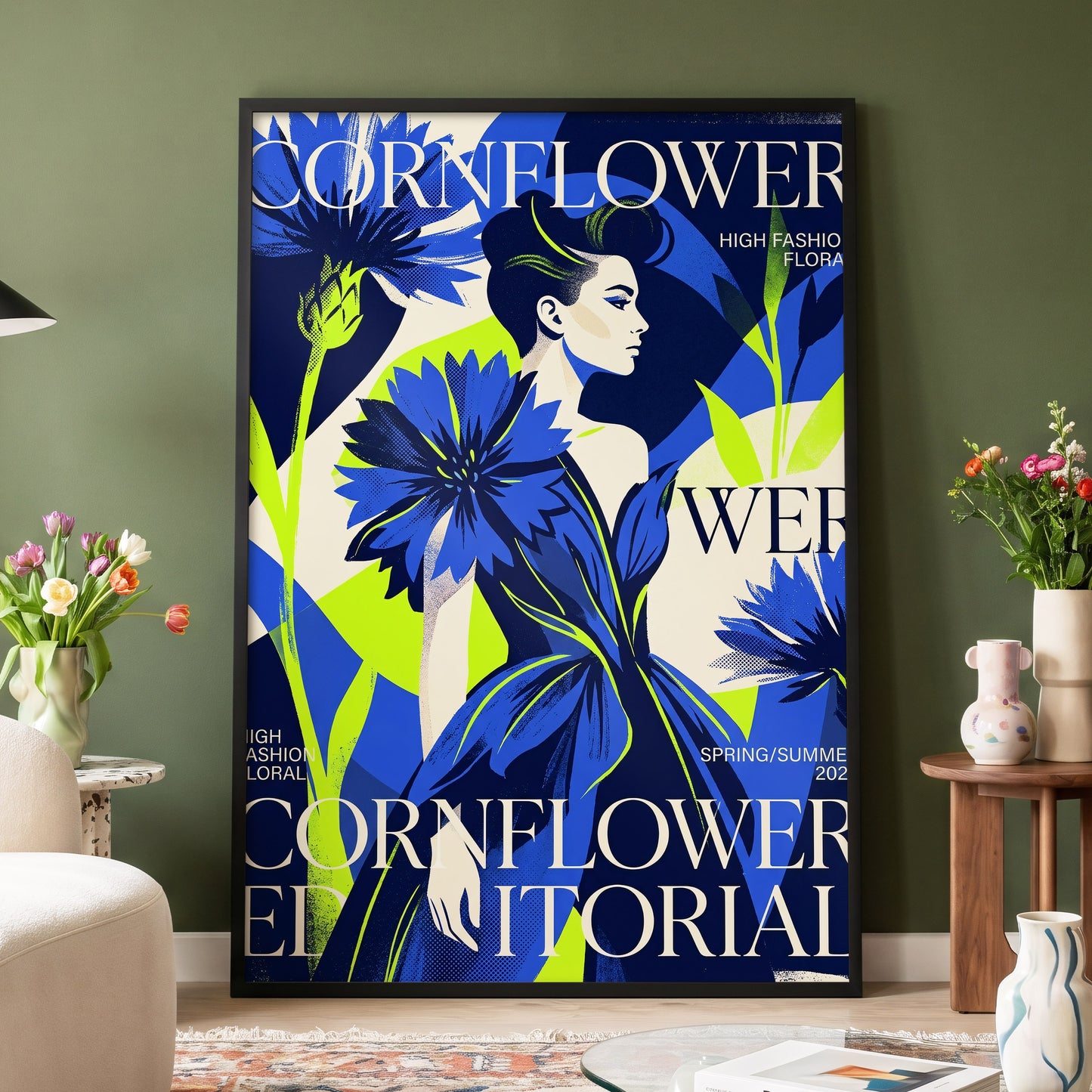 Electric Cornflower, blue, green, beige floral wall art displayed in a styled interior, gallery view 4
