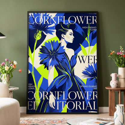 Electric Cornflower, blue, green, beige floral wall art displayed in a styled interior, gallery view 4