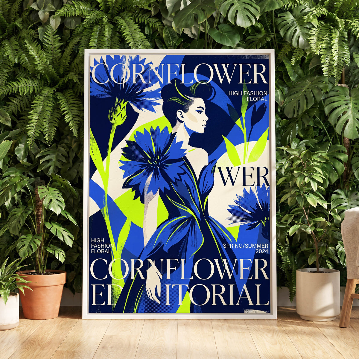 Electric Cornflower, blue, green, beige floral wall art displayed in a styled interior, gallery view 5
