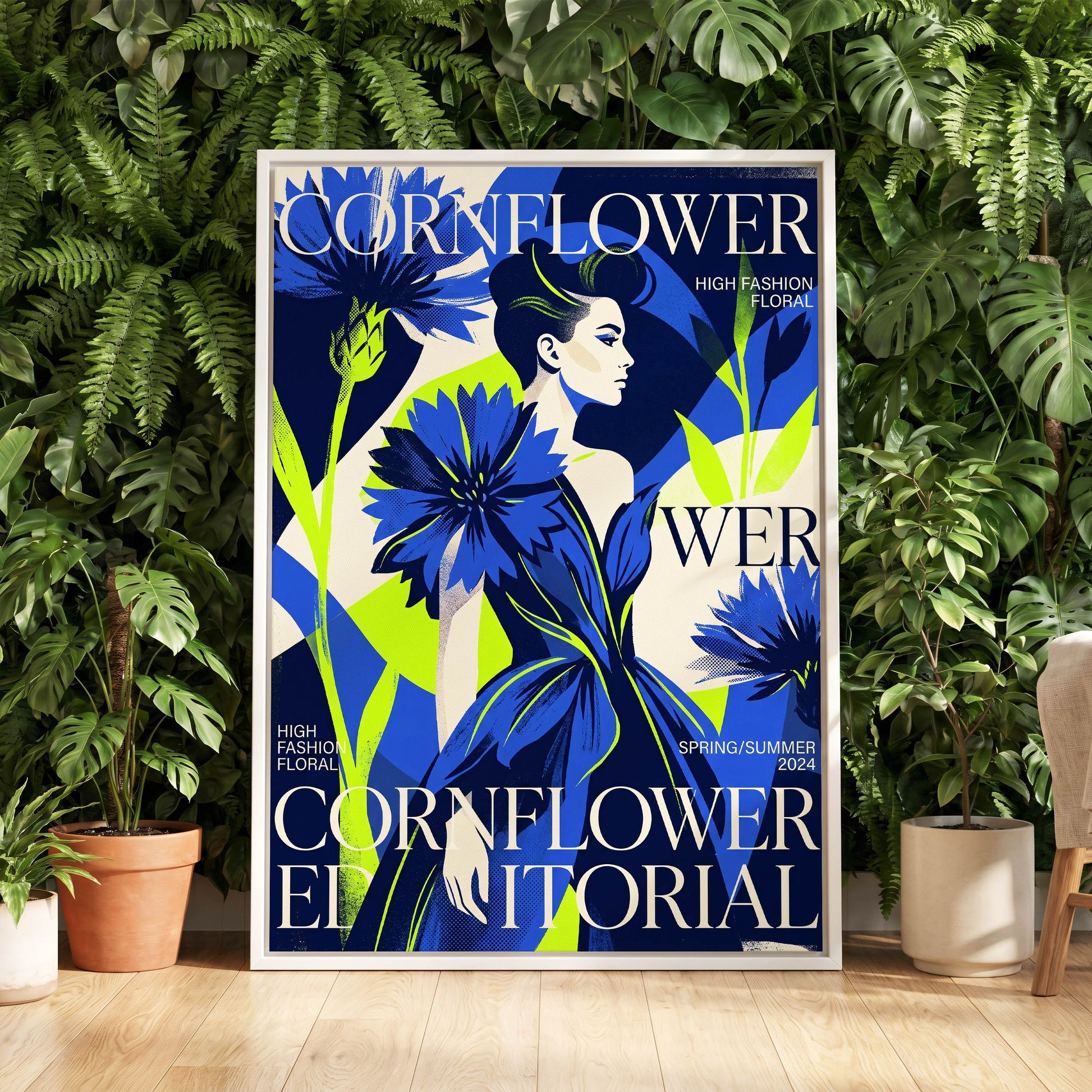 Electric Cornflower, blue, green, beige floral wall art displayed in a styled interior, gallery view 5