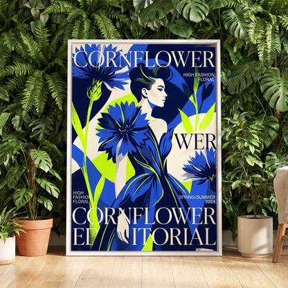 Electric Cornflower, blue, green, beige floral wall art displayed in a styled interior, gallery view 5