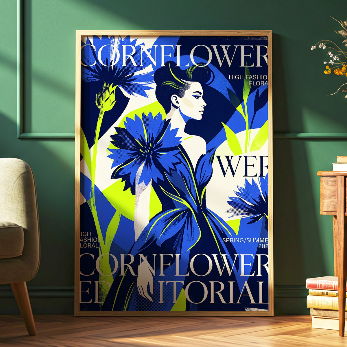 Electric Cornflower, blue, green, beige floral wall art displayed in a styled interior, gallery view 6