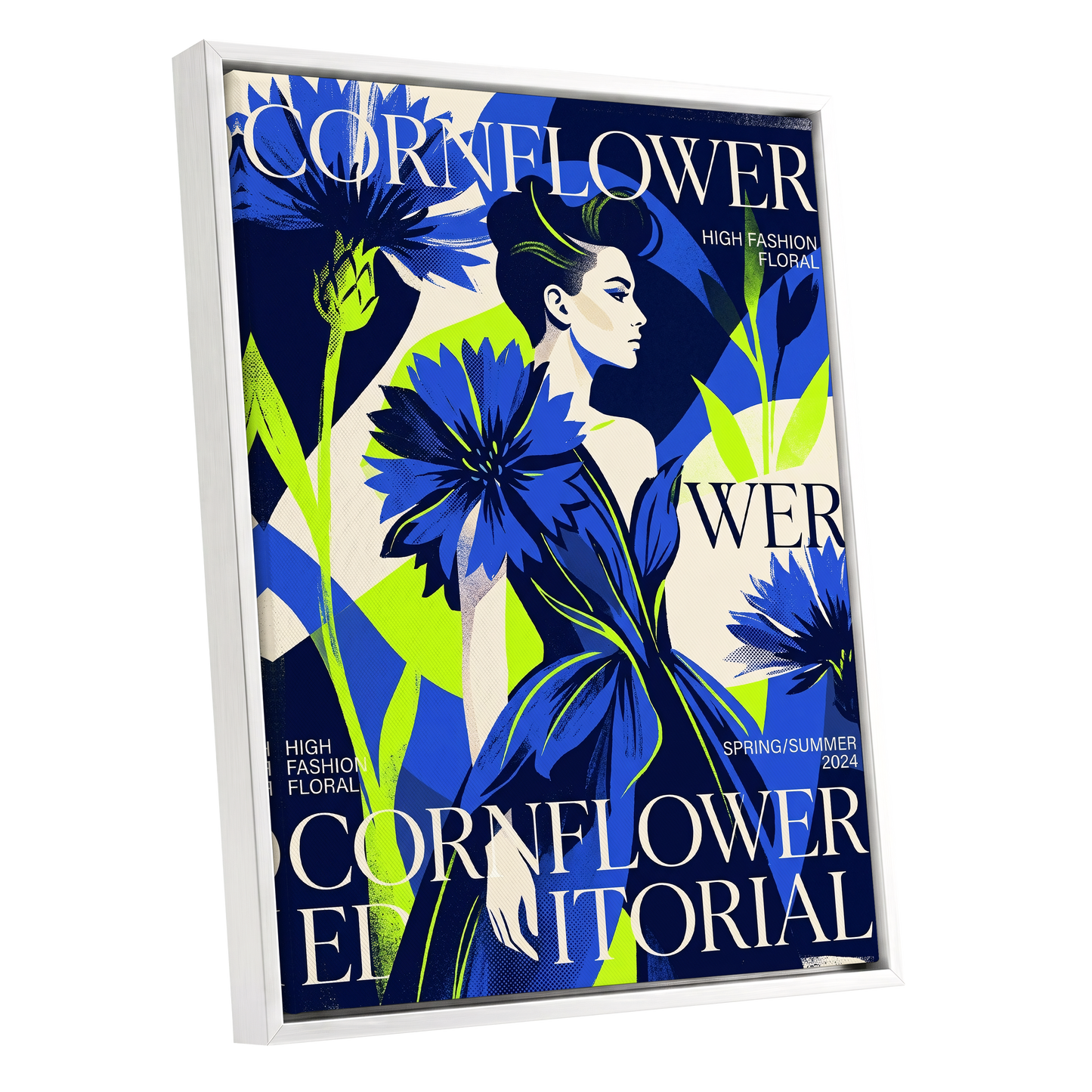 Electric Cornflower, blue, green, beige floral wall art shown as a white framed canvas wall art