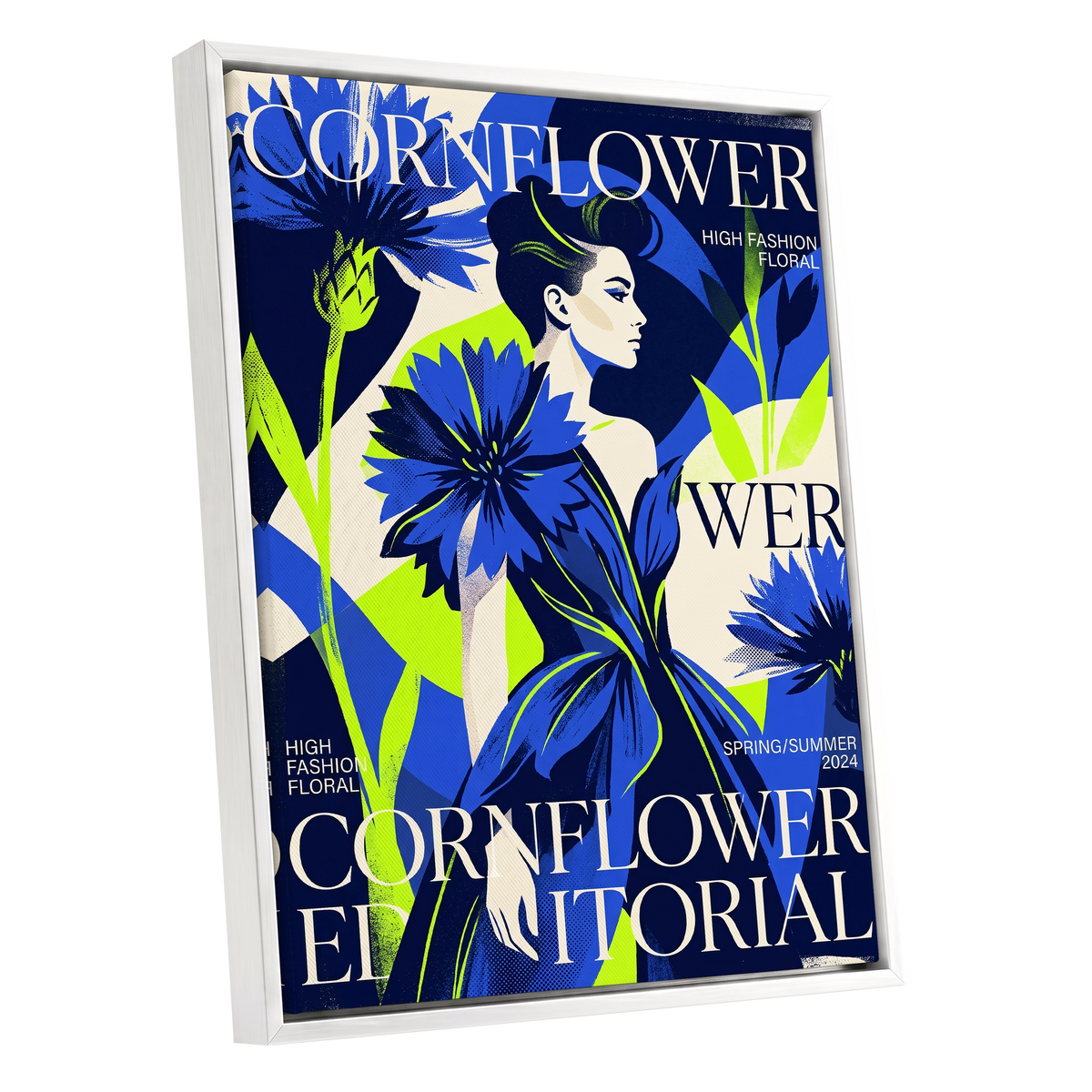 Electric Cornflower, blue, green, beige floral wall art shown as a white framed canvas wall art