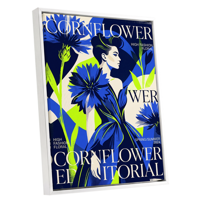 Electric Cornflower, blue, green, beige floral wall art shown as a white framed canvas wall art