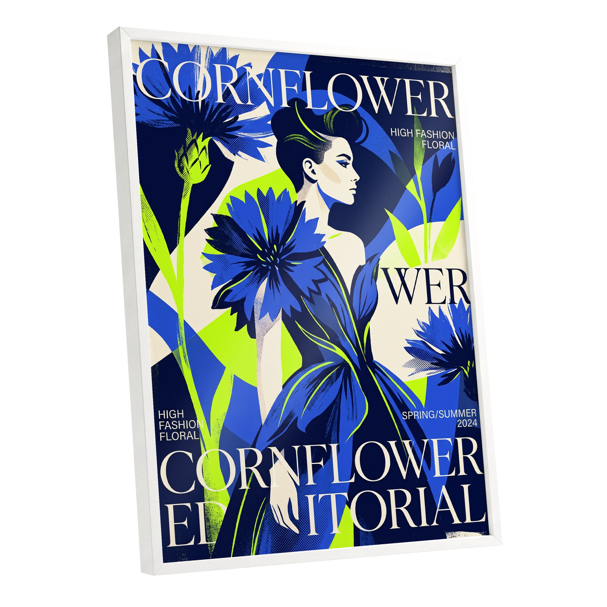 Electric Cornflower, blue, green, beige floral wall art shown as a white framed poster wall art print