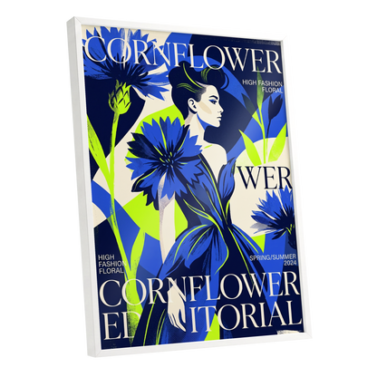 Electric Cornflower, blue, green, beige floral wall art shown as a white framed poster wall art print