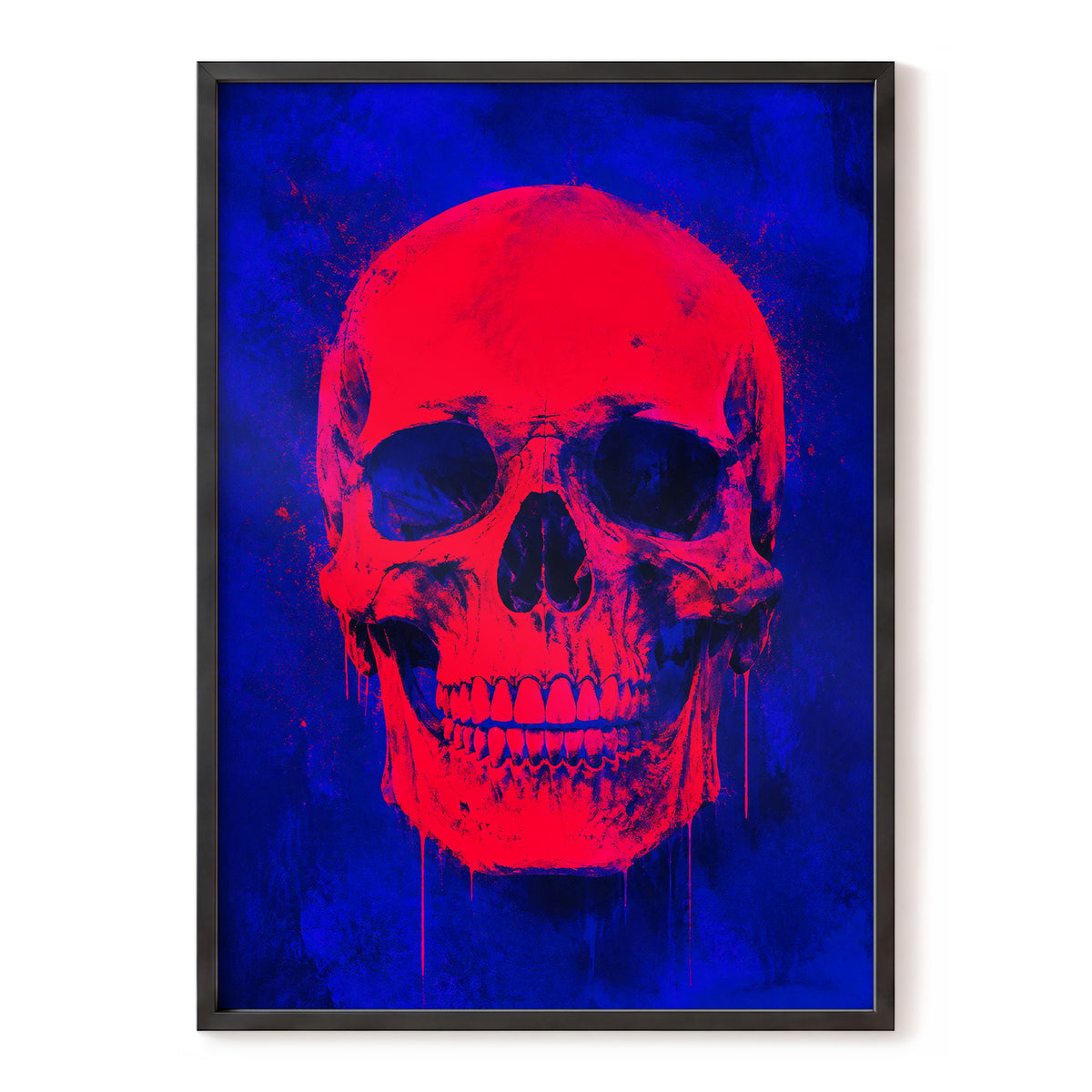 Electric Crimson Skull, red, blue, black abstract wall art, front artwork view