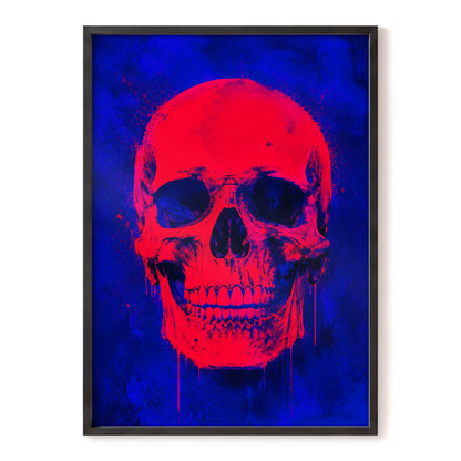 Electric Crimson Skull, red, blue, black abstract wall art, front artwork view