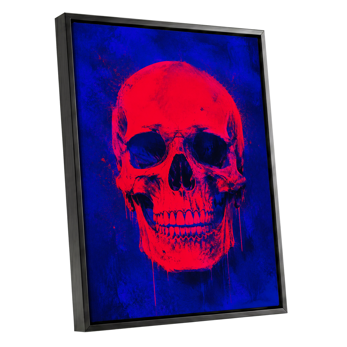 Electric Crimson Skull, red, blue, black abstract wall art shown as a black framed canvas wall art