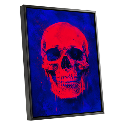 Electric Crimson Skull, red, blue, black abstract wall art shown as a black framed canvas wall art