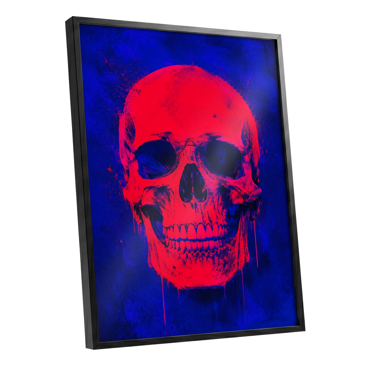 Electric Crimson Skull, red, blue, black abstract wall art shown as a black framed poster wall art print