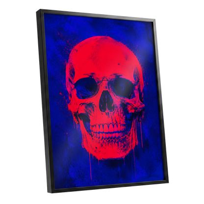 Electric Crimson Skull, red, blue, black abstract wall art shown as a black framed poster wall art print