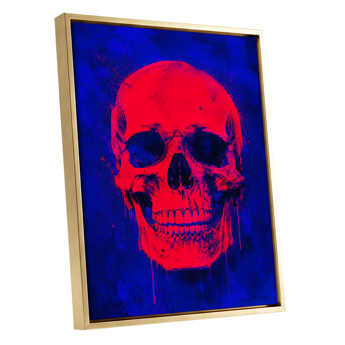 Electric Crimson Skull, red, blue, black abstract wall art shown as a gold framed canvas wall art