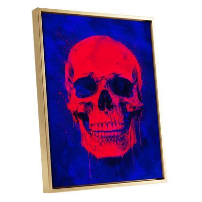Electric Crimson Skull, red, blue, black abstract wall art shown as a gold framed canvas wall art