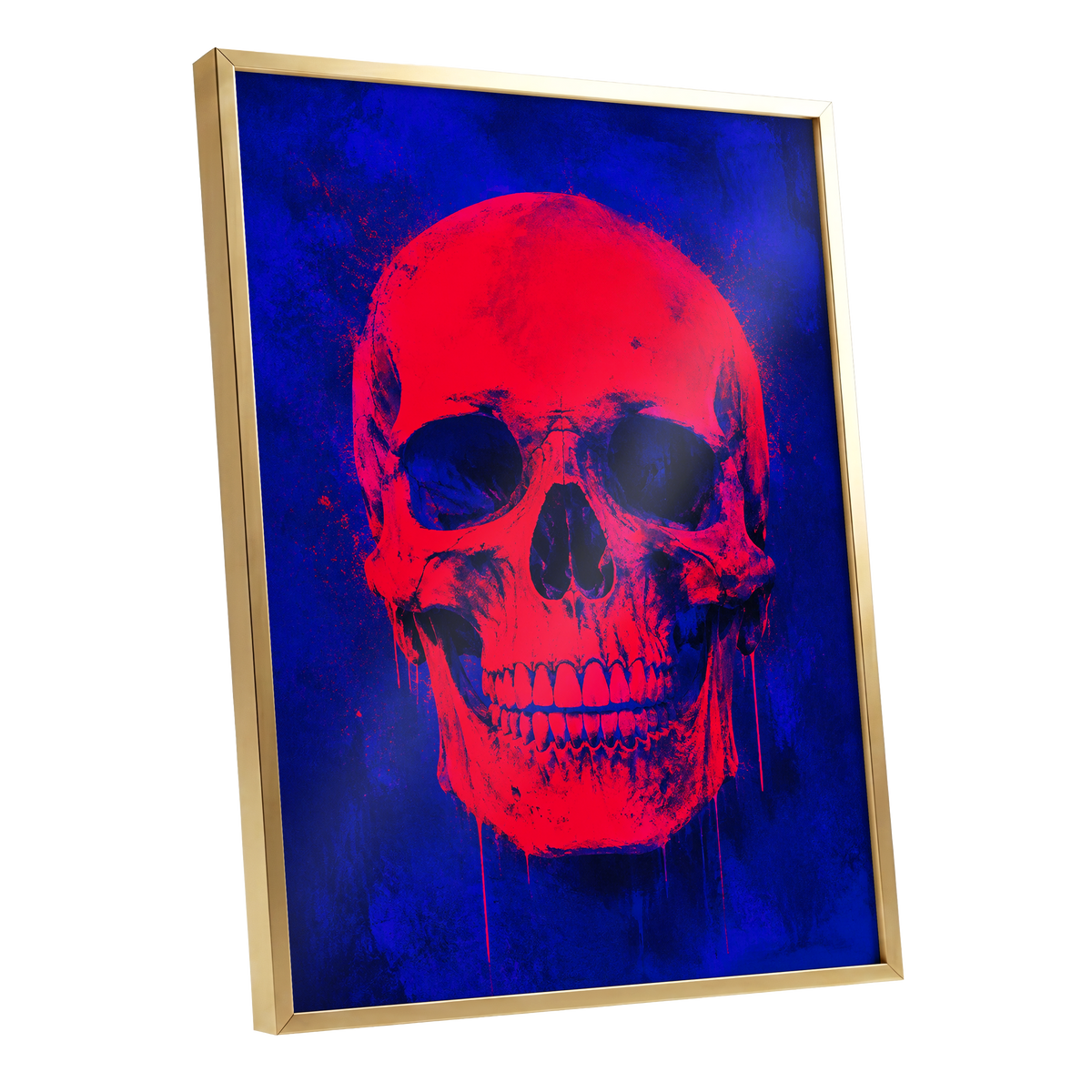 Electric Crimson Skull, red, blue, black abstract wall art shown as a gold framed poster wall art print