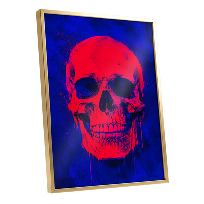 Electric Crimson Skull, red, blue, black abstract wall art shown as a gold framed poster wall art print