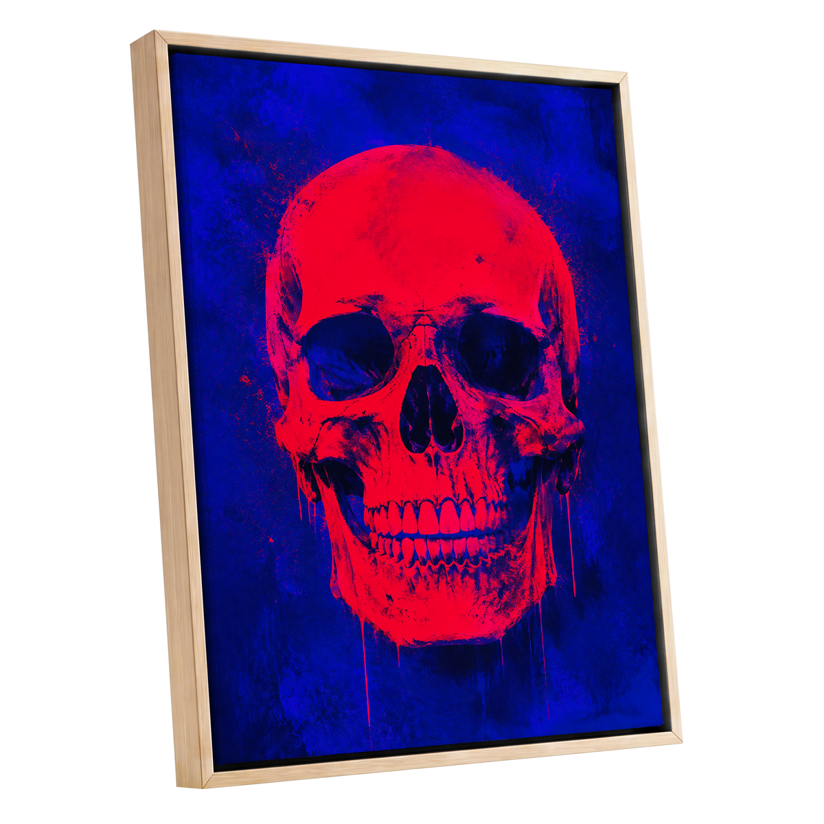 Electric Crimson Skull, red, blue, black abstract wall art shown as a oak framed canvas wall art