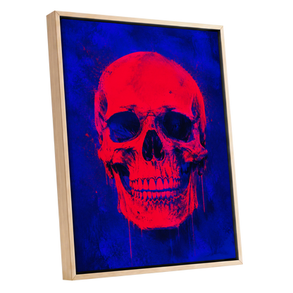 Electric Crimson Skull, red, blue, black abstract wall art shown as a oak framed canvas wall art