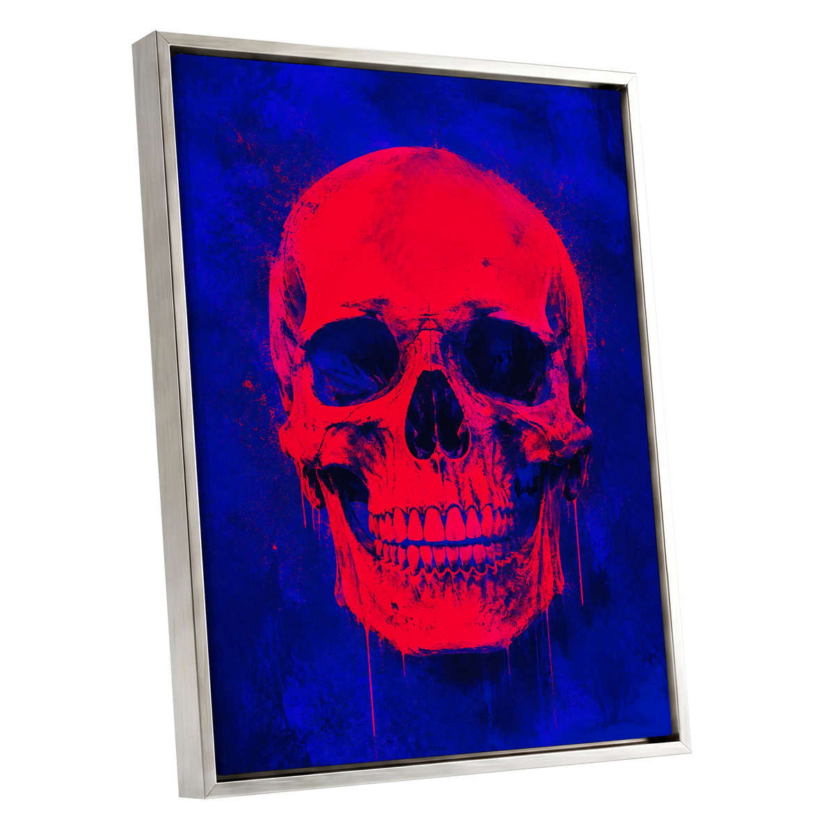 Electric Crimson Skull, red, blue, black abstract wall art shown as a silver framed canvas wall art