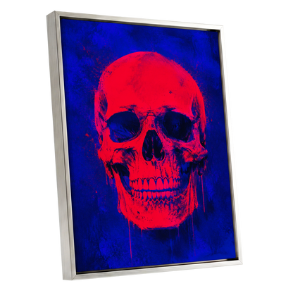 Electric Crimson Skull, red, blue, black abstract wall art shown as a silver framed canvas wall art