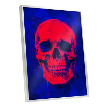 Electric Crimson Skull, red, blue, black abstract wall art shown as a silver framed poster wall art print