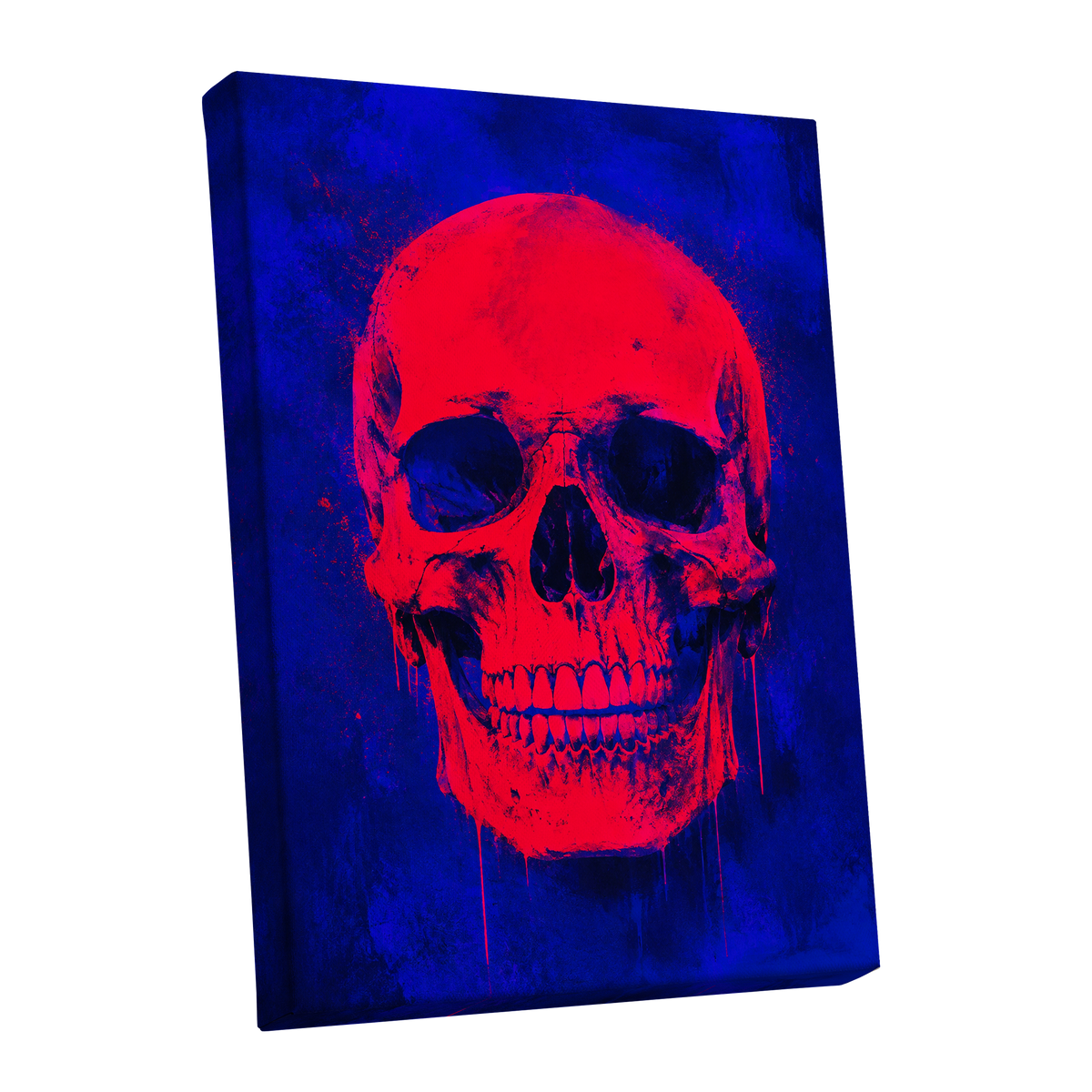 Electric Crimson Skull, red, blue, black abstract wall art shown as a stretched canvas wall art