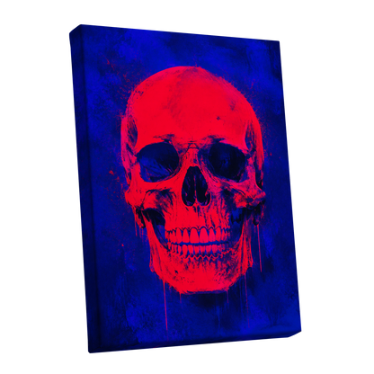 Electric Crimson Skull, red, blue, black abstract wall art shown as a stretched canvas wall art