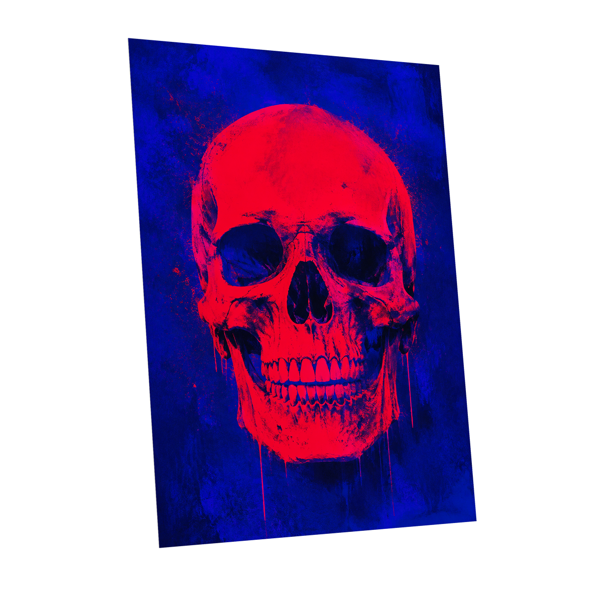 Electric Crimson Skull, red, blue, black abstract wall art shown as a unframed poster wall art print