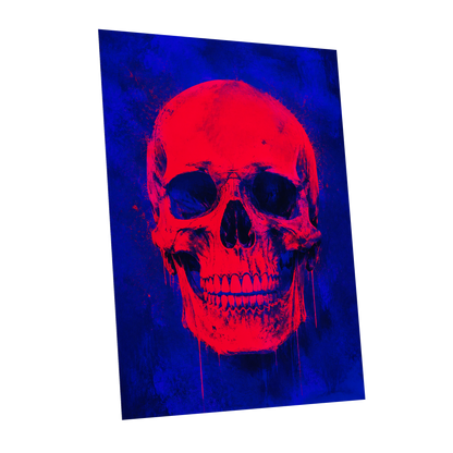 Electric Crimson Skull, red, blue, black abstract wall art shown as a unframed poster wall art print