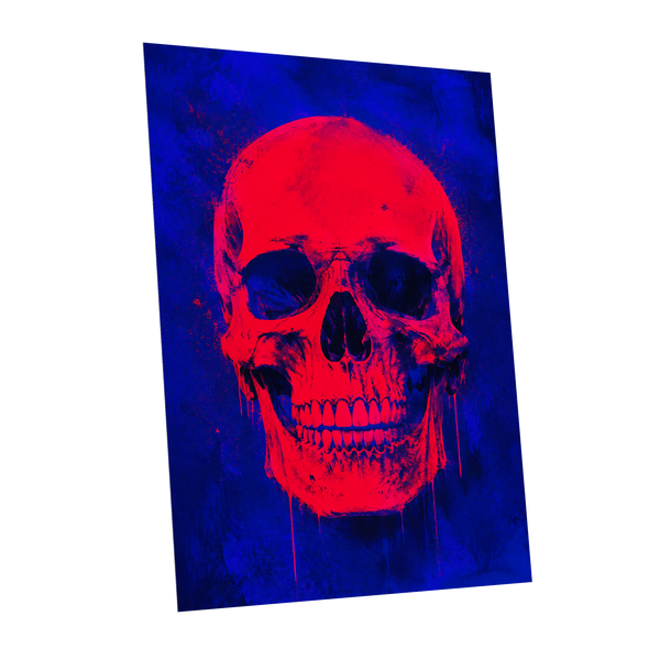 Electric Crimson Skull, red, blue, black abstract wall art shown as a unframed poster wall art print