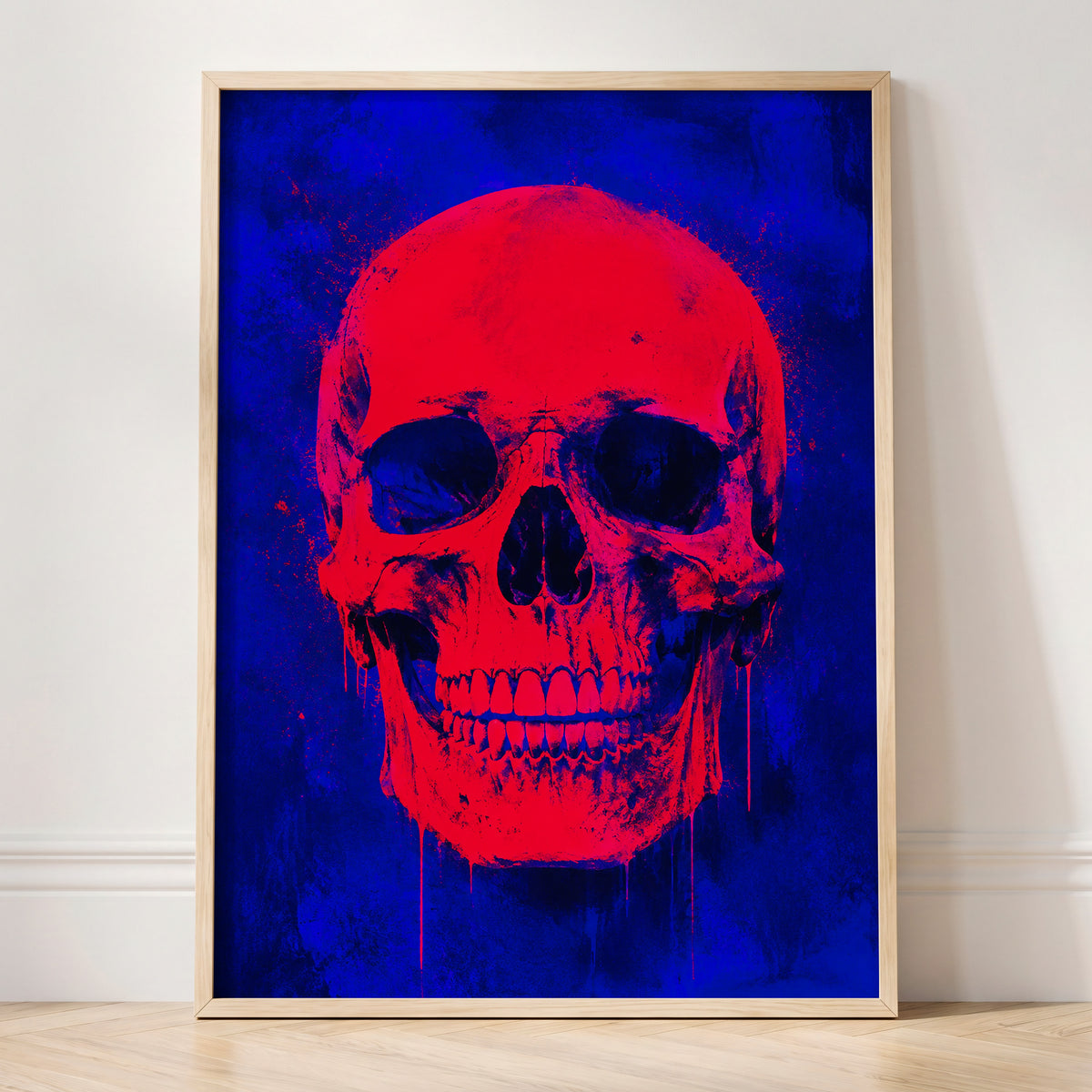 Electric Crimson Skull, red, blue, black abstract wall art displayed in a styled interior, gallery view 2