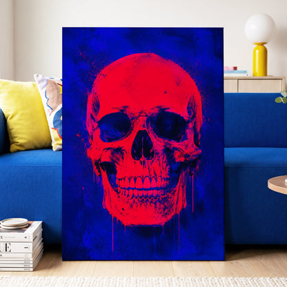 Electric Crimson Skull, red, blue, black abstract wall art displayed in a styled interior, gallery view 3