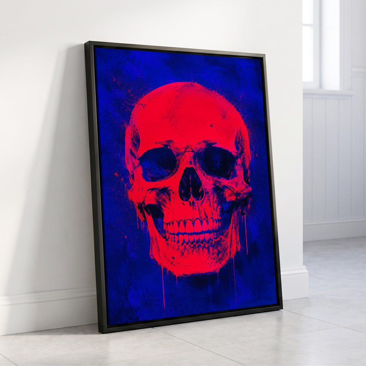 Electric Crimson Skull, red, blue, black abstract wall art displayed in a styled interior, gallery view 4