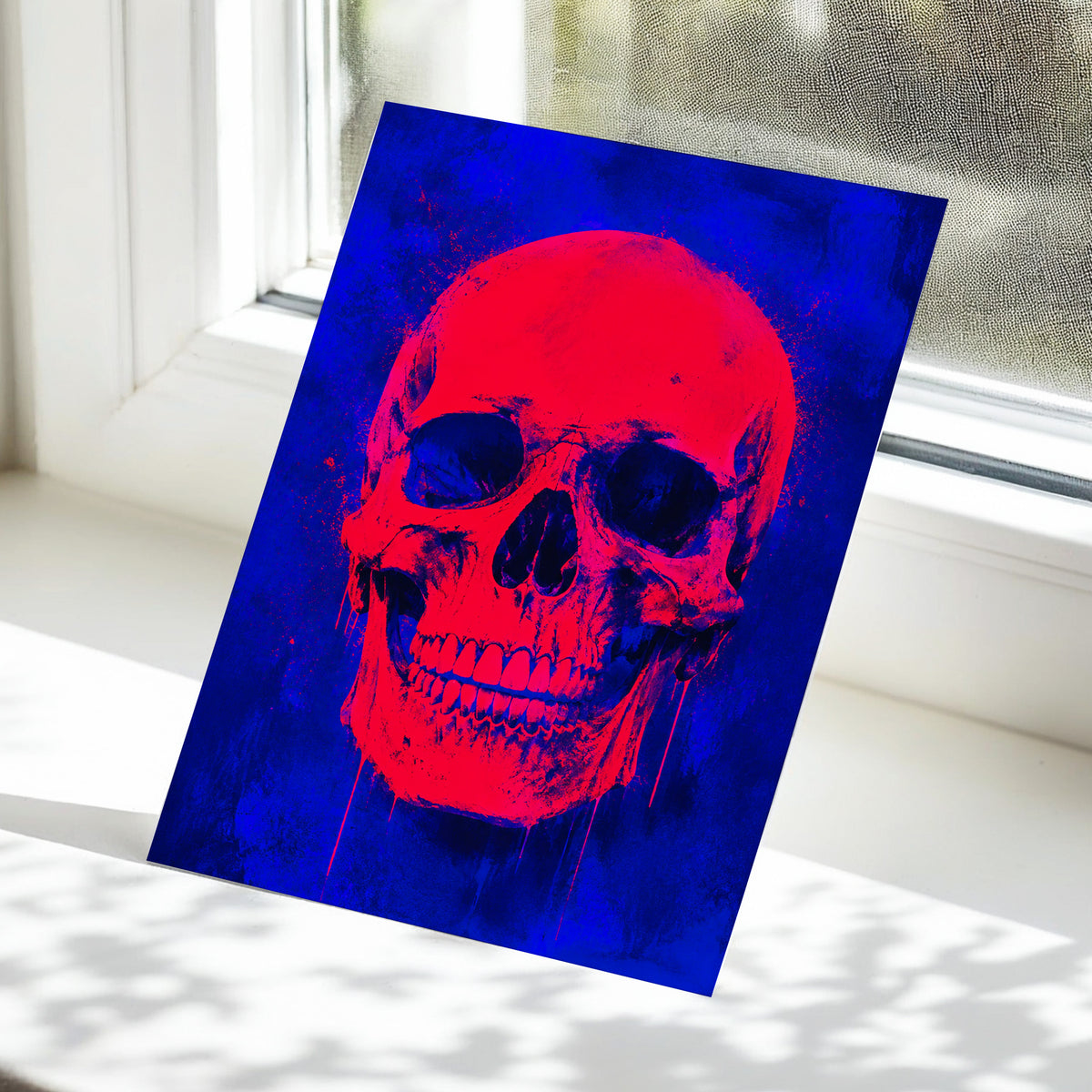 Electric Crimson Skull, red, blue, black abstract wall art displayed in a styled interior, gallery view 5